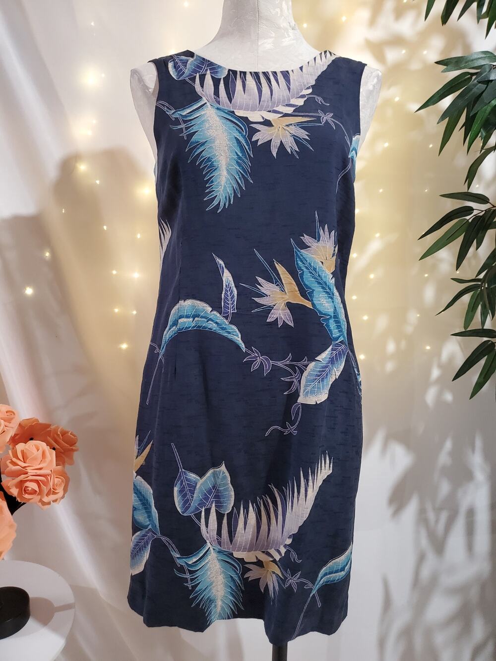 Tiki Classics VTG 100% Silk Tropical Hawaiian Sleeveless Dress Size S Blue Palm